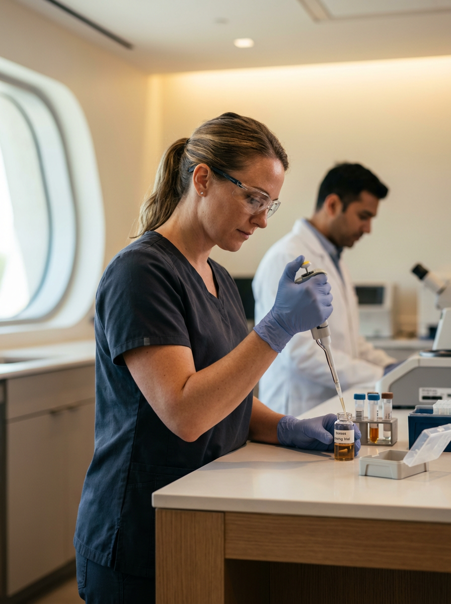 A female scientist wearing safety glasses and gloves, using a pipette to transfer liquid into a test tube in a laboratory with a male scientist in the background.