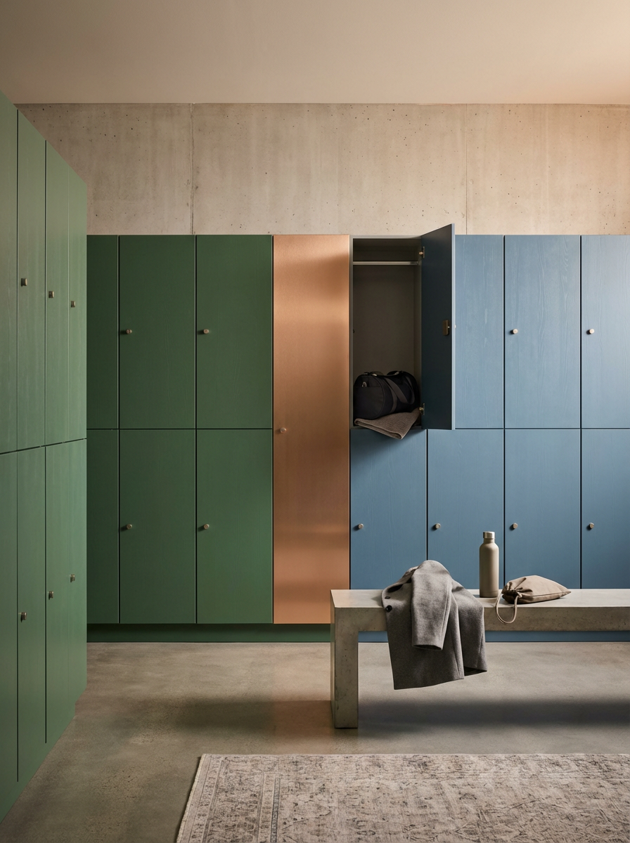 Colorful lockers in a modern gym locker room with a concrete bench, a gray coat, a water bottle, and a beige bag.
