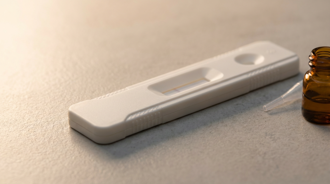 A home pregnancy test and a small bottle of liquid medication on a textured surface.