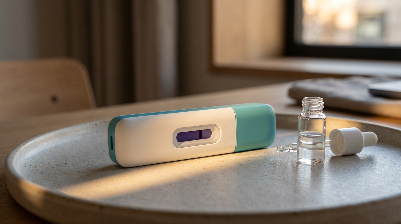 A COVID-19 rapid test kit with a test strip inside the device, a small bottle of liquid, and a dropper on a tray near a window.