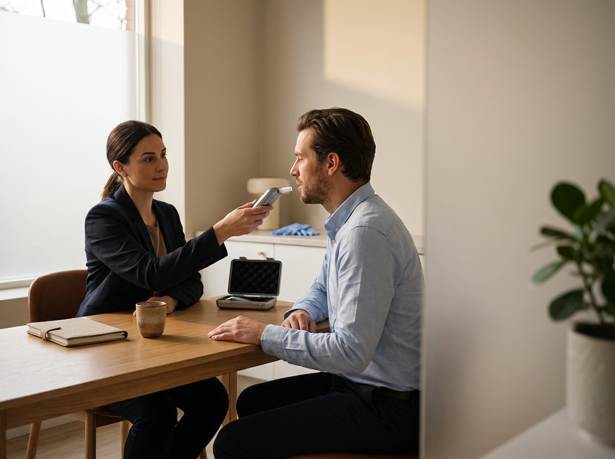 A woman in a dark blazer and a man in a light blue shirt sitting at a wooden table during a medical appointment, the woman is holding a thermometer near the man's mouth for measurement.