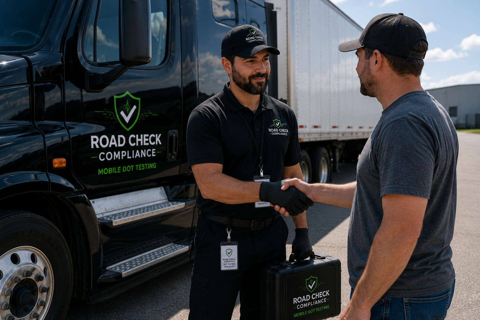 A man wearing a black shirt and cap shaking hands with another man in a blue t-shirt outdoors near a large black truck with 'Road Check Compliance' and 'Mobile Dot Testing' written on it.