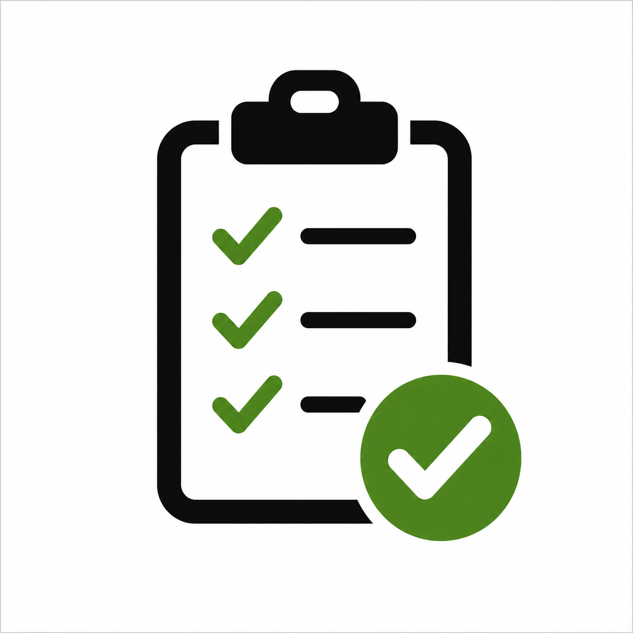 A clipboard with a checklist and green checkmarks, and a large green checkmark symbol overlapping the bottom right corner.