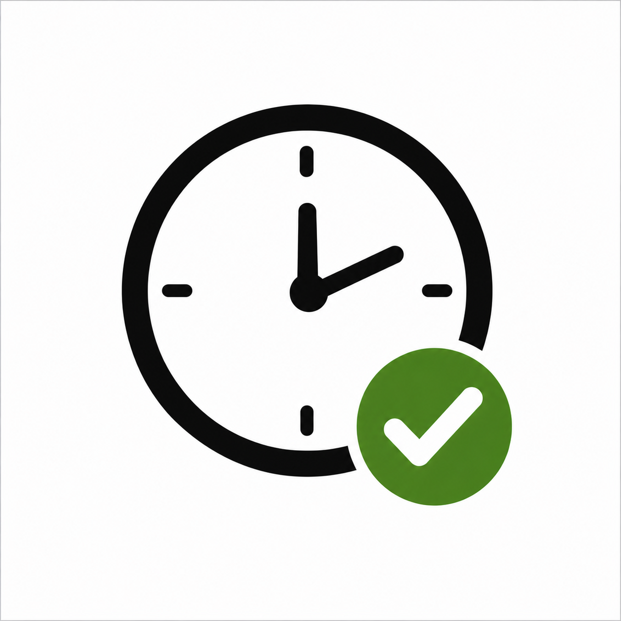 An analog clock showing 3:00 with a green check mark in a circle overlay.