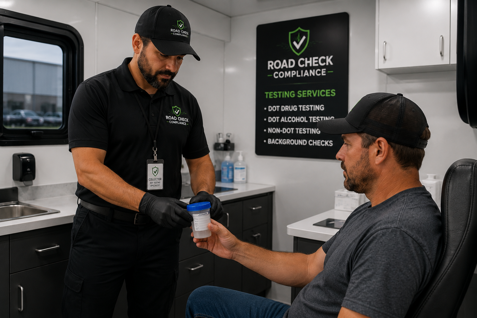 A man in a black Cap and T-shirt receiving a drug testing sample from another man in a gray t-shirt and black cap inside a mobile testing unit with a sign in the background listing testing services.