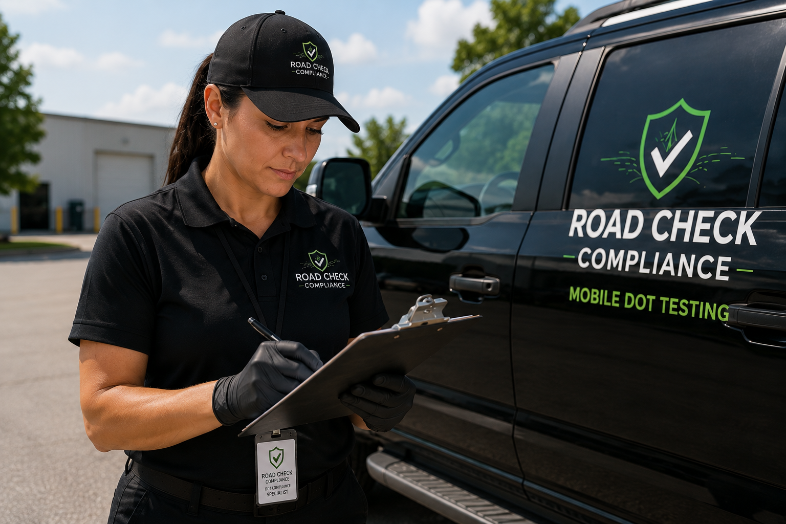 A woman in black uniform and cap, wearing black gloves, taking notes on a clipboard beside a black vehicle with 'Road Check Compliance Mobile Dot Testing' logo and text on the door, during daytime outdoors.