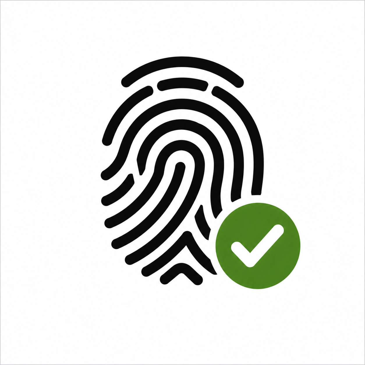 A black fingerprint icon with a green circle containing a white checkmark overlaid in the bottom right corner.