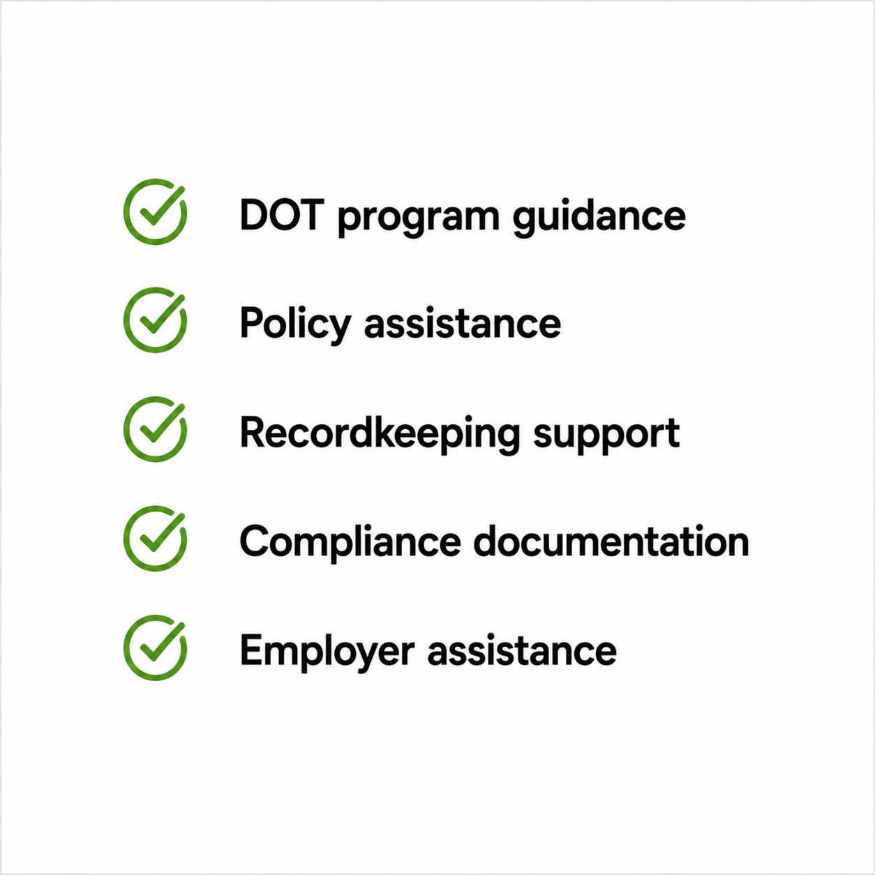 List of services with green checkmarks, including DOT program guidance, policy assistance, recordkeeping support, compliance documentation, and employer assistance.