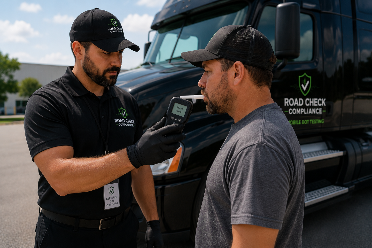 A man getting a breathalyzer test from a road check compliance officer beside a black vehicle with the company logo.