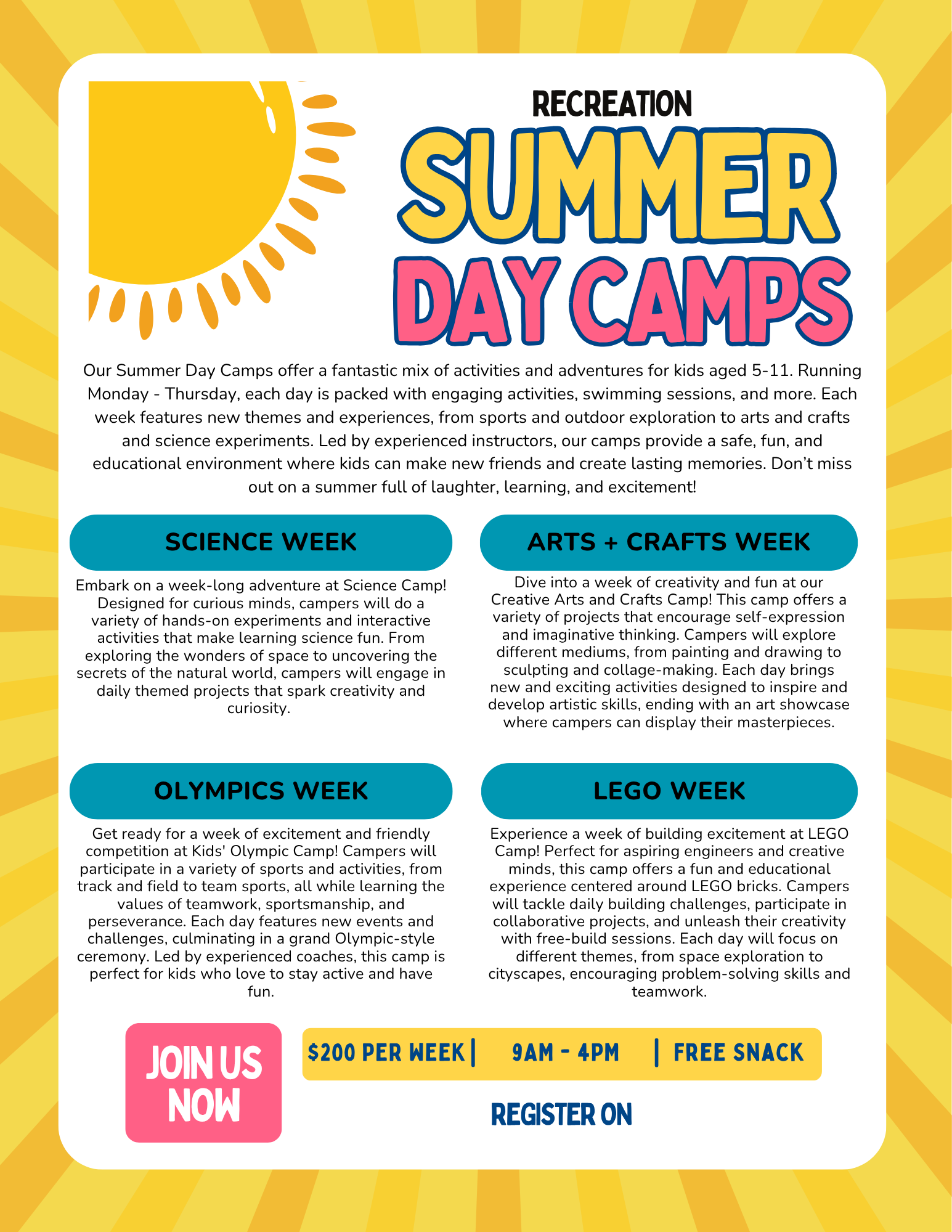 Colorful flyer for summer day camps featuring a large yellow sun on the top left, with the title 'Recreation Summer Day Camps' in bold, playful font. The flyer includes descriptions of weekly themed camps such as Science Week, Arts & Crafts Week, Oly