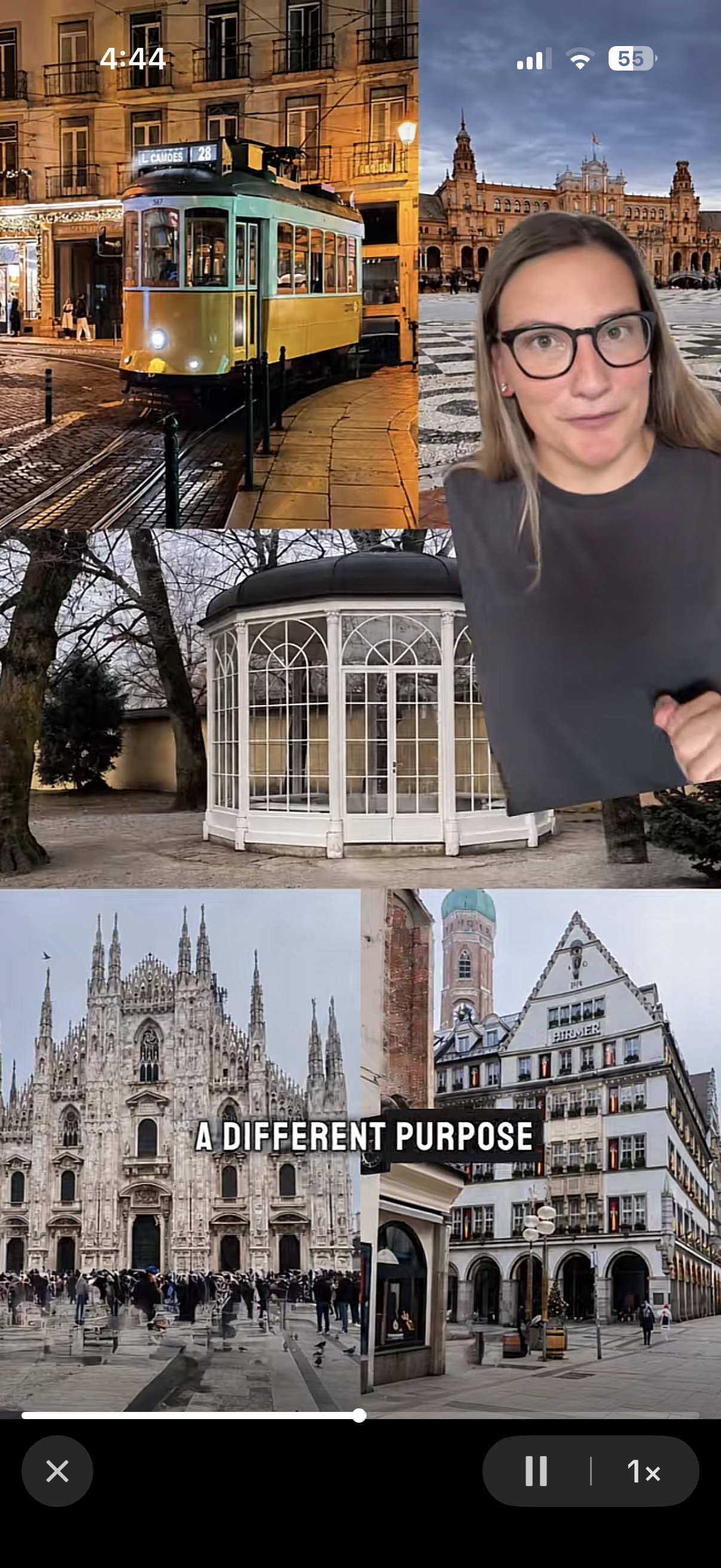 Collage of city scenes including a vintage tram, a historic building, a white glass conservatory, Milan Cathedral, and a European street with shops, with the text "A Different Purpose" overlayed.