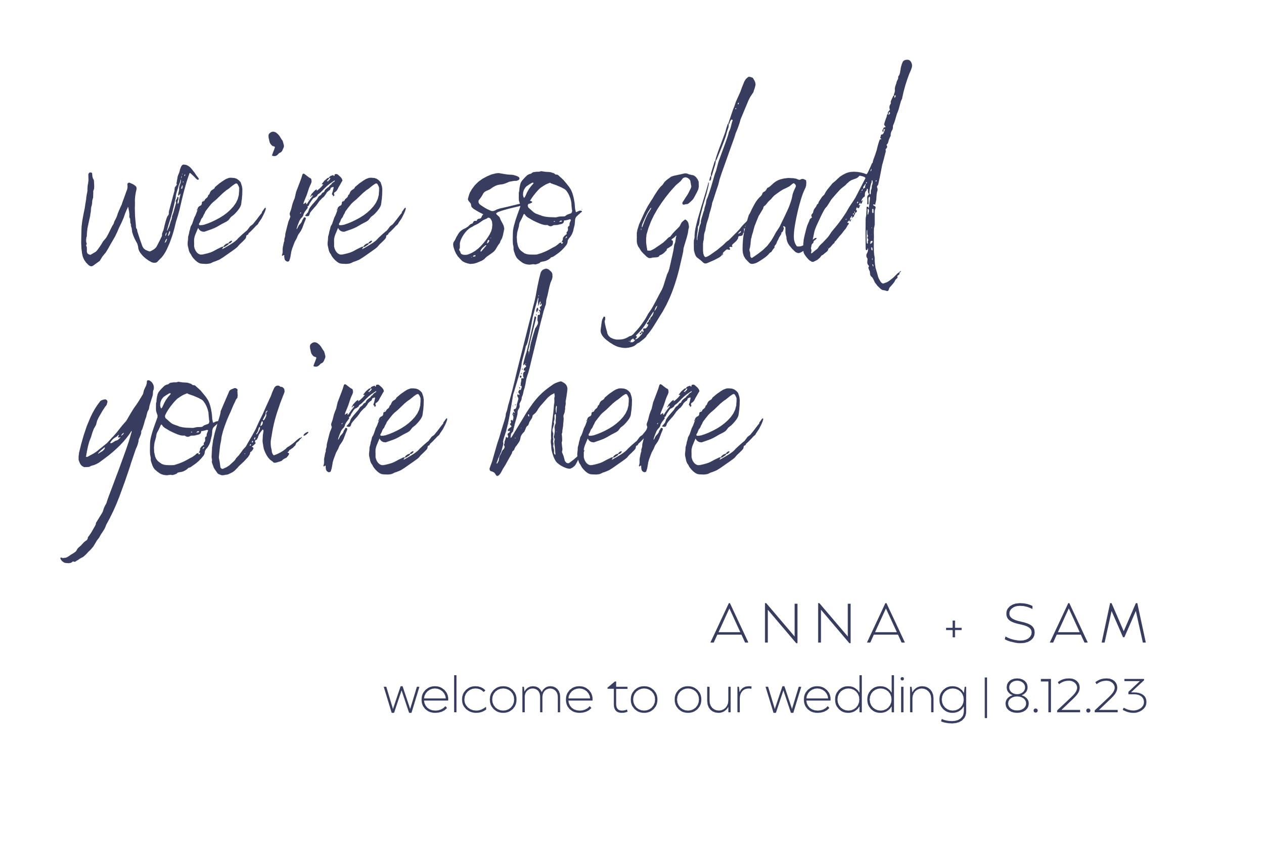 Wedding welcome sign with the message 'We're so glad you're here' in handwritten style font, and details of the wedding date and couple's names at the bottom.