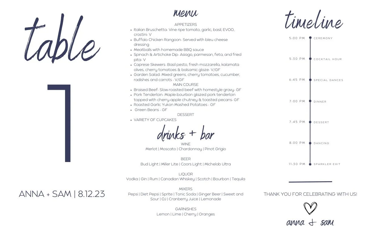Wedding reception menu with a timeline, including appetizers, main course, dessert, drinks, and bar options, along with the couple's names Anna and Sam, and the date 8.12.23.