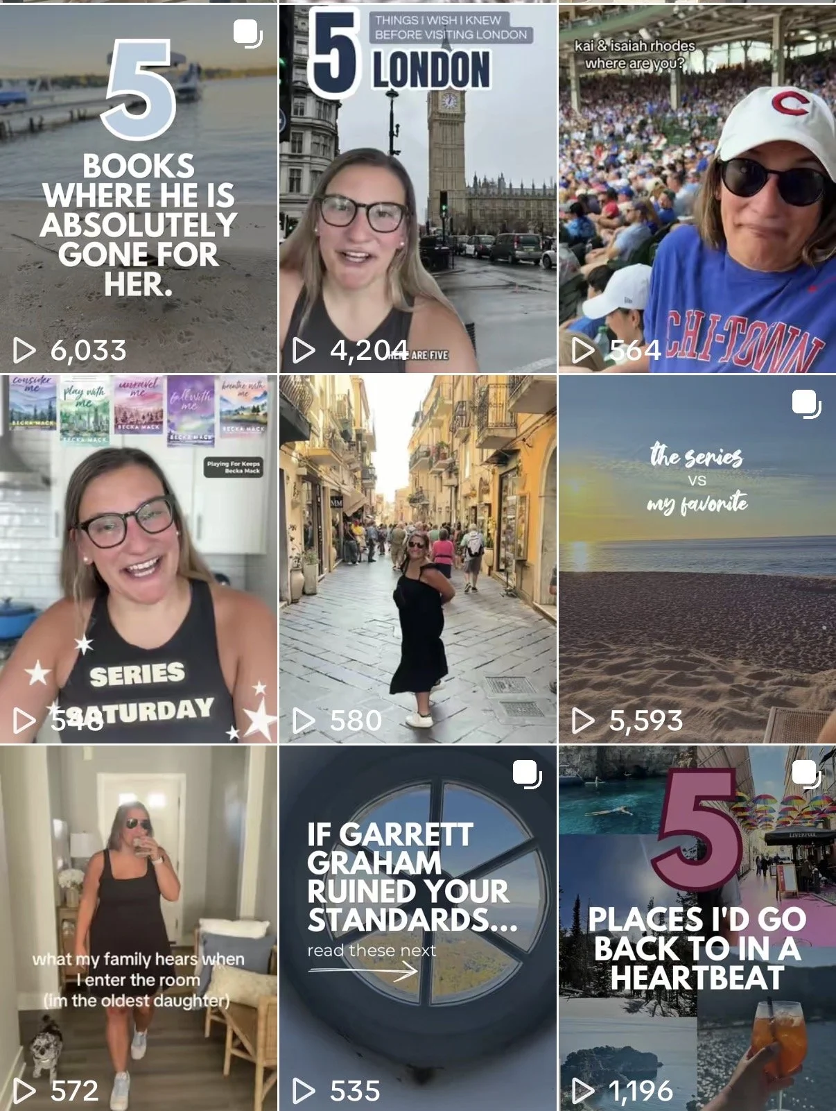A collage of nine video thumbnails showing a woman with glasses and tattoos in various locations, including city streets, a beach, and her home. Some thumbnails include text overlays about books, travels, and personal stories.