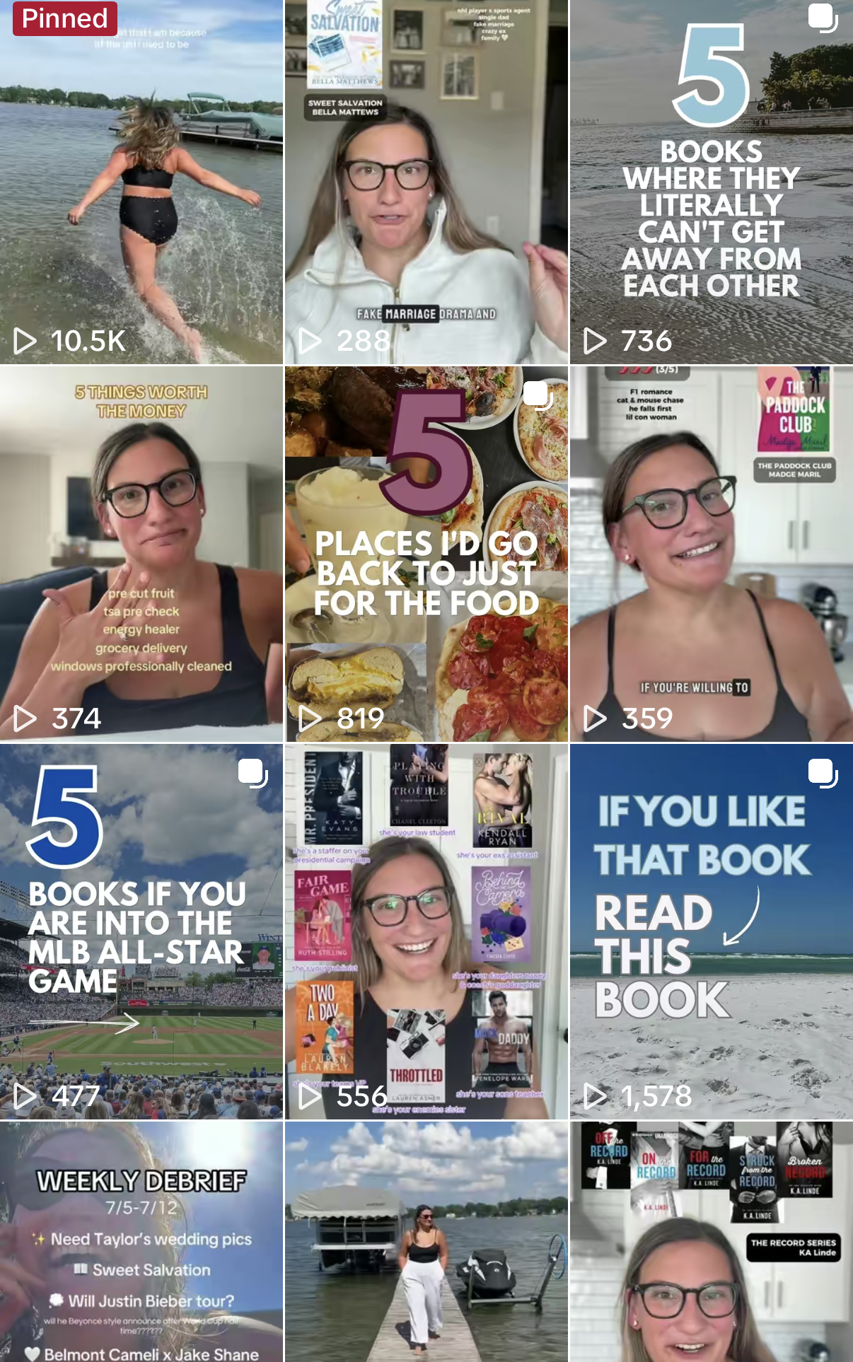 A collage of various TikTok videos featuring women, books, and outdoor scenes such as a lake and a baseball stadium, with text overlays about books, food, and personal interests.