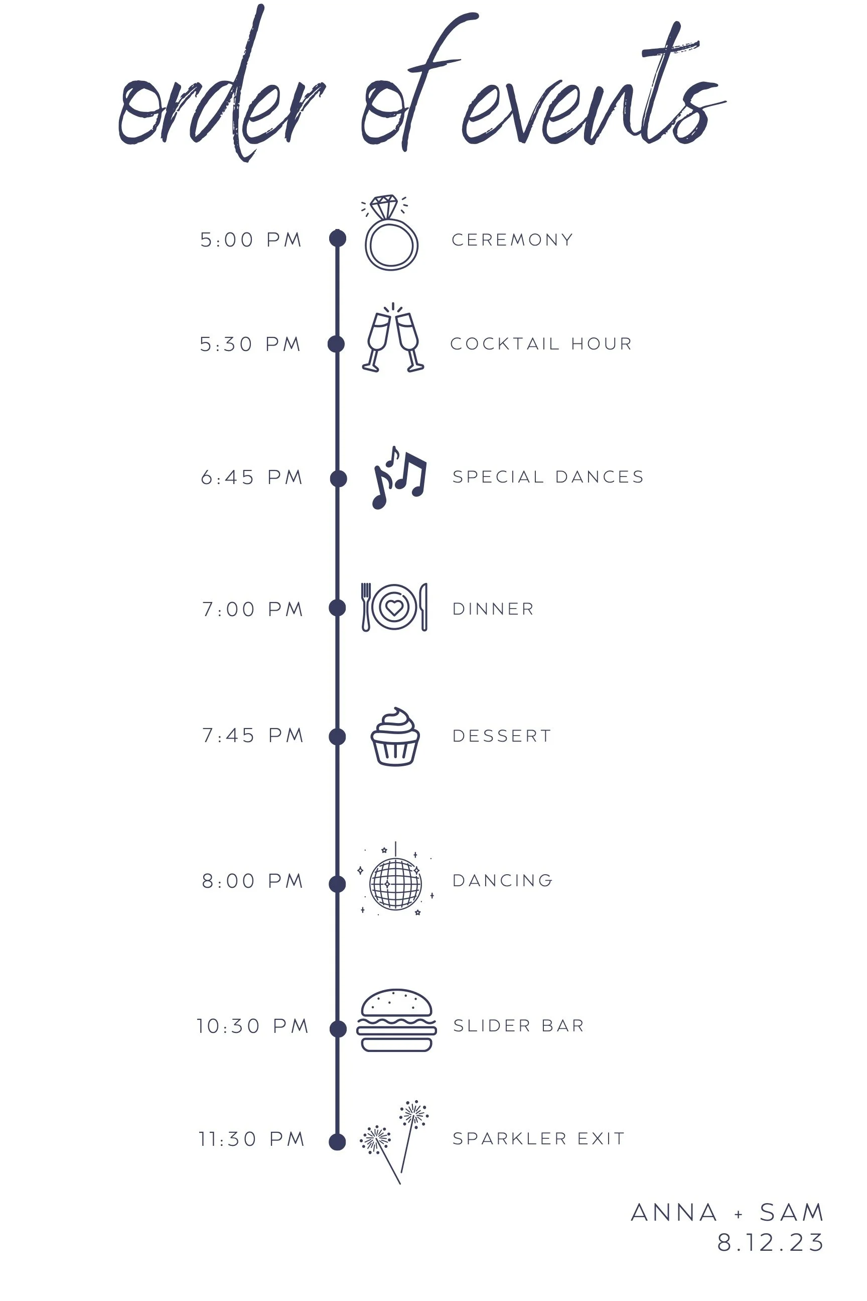 A wedding event schedule infographic with times and icons including an engagement ring, champagne glasses, musical notes, a plate with cutlery, a cupcake, a disco ball, fireworks, and flowers, with names Anna and Sam and the date 8.12.23.