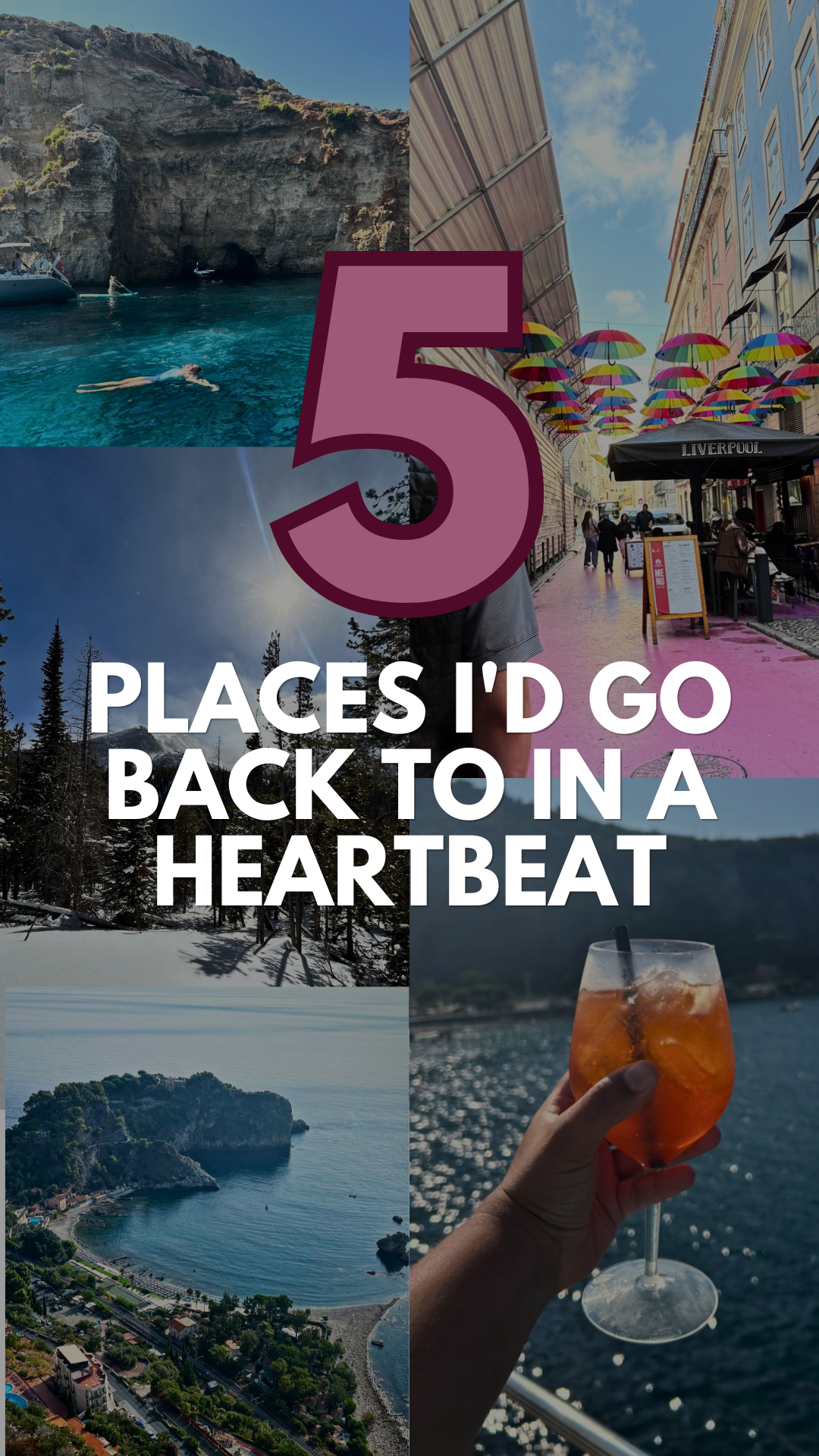 Collage of travel destinations including a person swimming in a clear water cave, colorful umbrellas on a street in Liverpool, a snowy forest scene, an aerial view of a coastal area, and a hand holding an Aperol spritz drink by the water with mountai