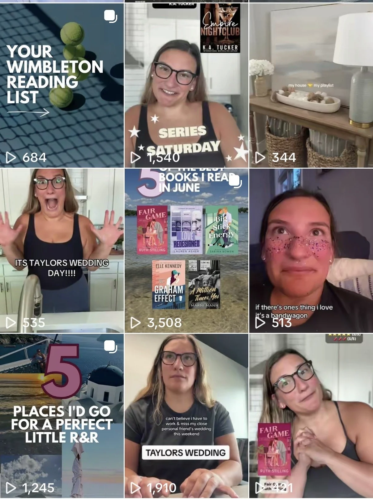Collage of TikTok videos featuring a woman with glasses, discussing books, her wedding, and personal topics, with text overlays and various home and outdoor backgrounds.
