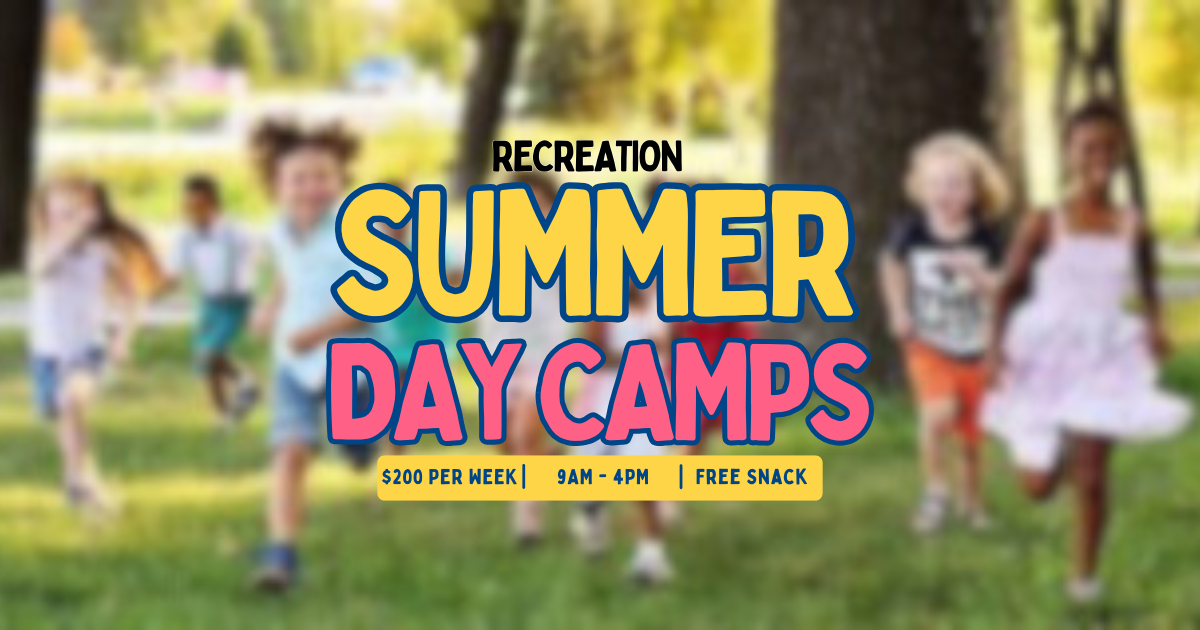 Children running and playing outdoors in a park for a summer day camp event with text promoting benefits and costs.