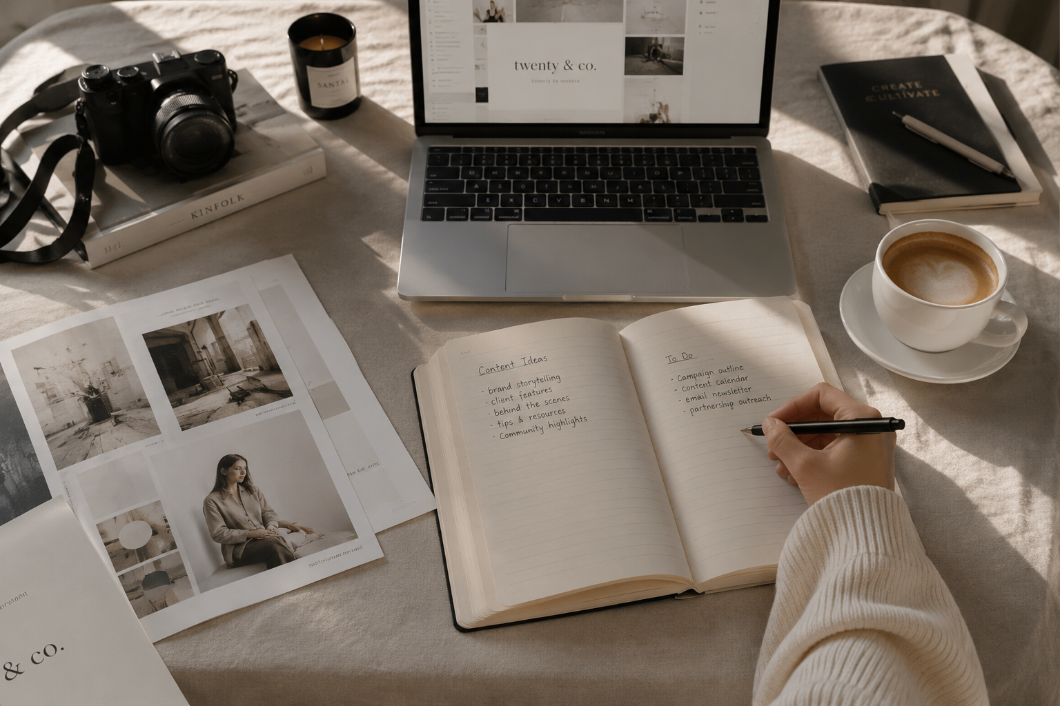 Workspace with an open notebook titled 'Content Ideas' and 'To Do'; a person writing in the notebook; a laptop displaying a website; a cup of coffee; a camera on a book; printed photographs; notebooks; candles; and a person's hand.