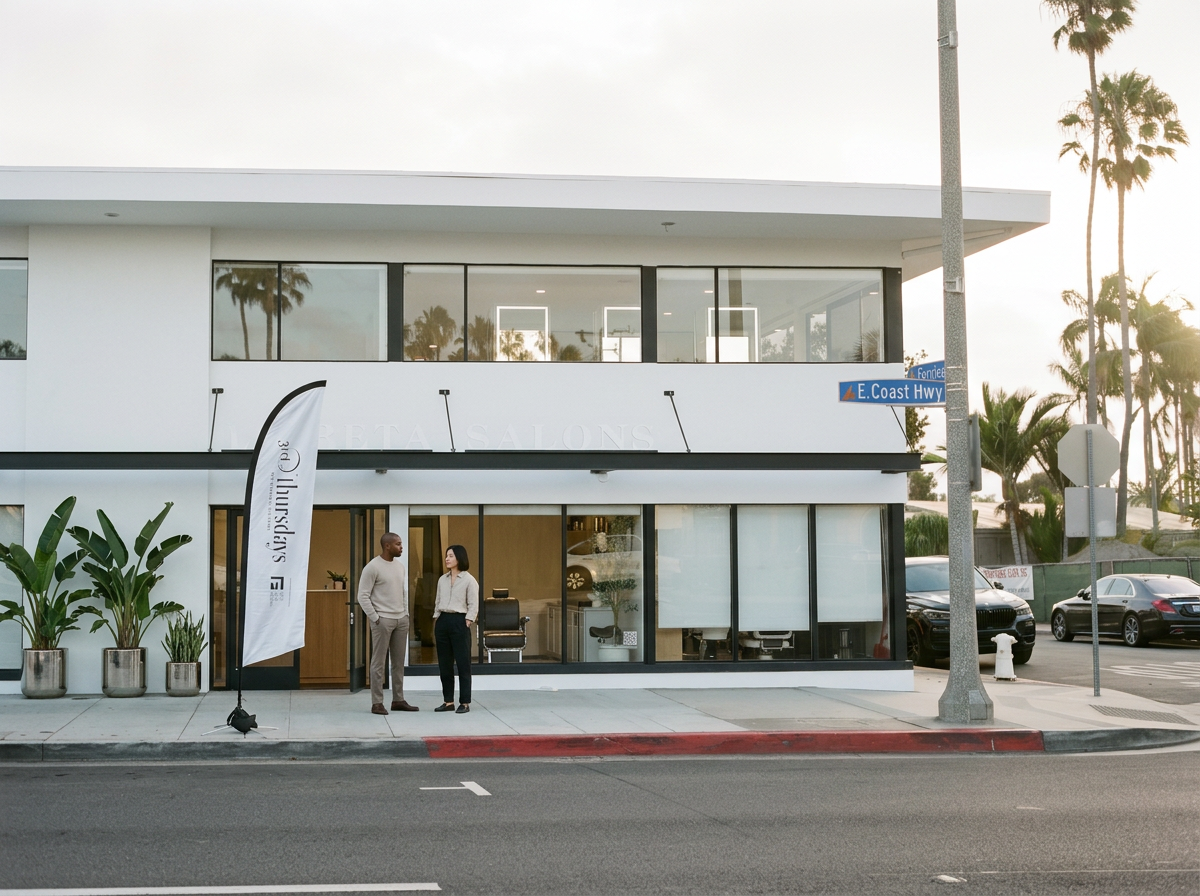 Modern white building with large glass windows, potted plants outside, two people talking on the sidewalk, street sign for E. Coast Hwy, and parked cars nearby. 2711 east coast hwy suite #206, corona Del Mar, Newport Beach , suites , booth rentals