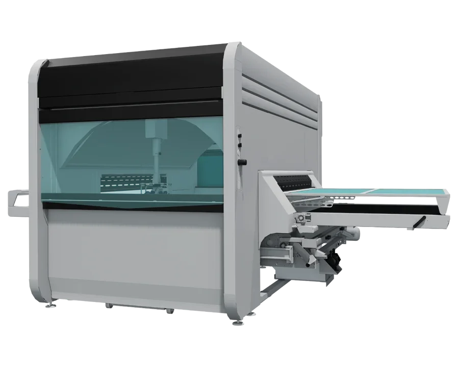 A large industrial laser cutting machine with a protective glass enclosure and an extendable working table.