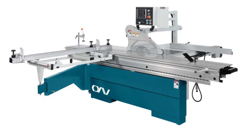 An industrial sliding table saw with a digital control panel, metal rails, and a cutting blade.