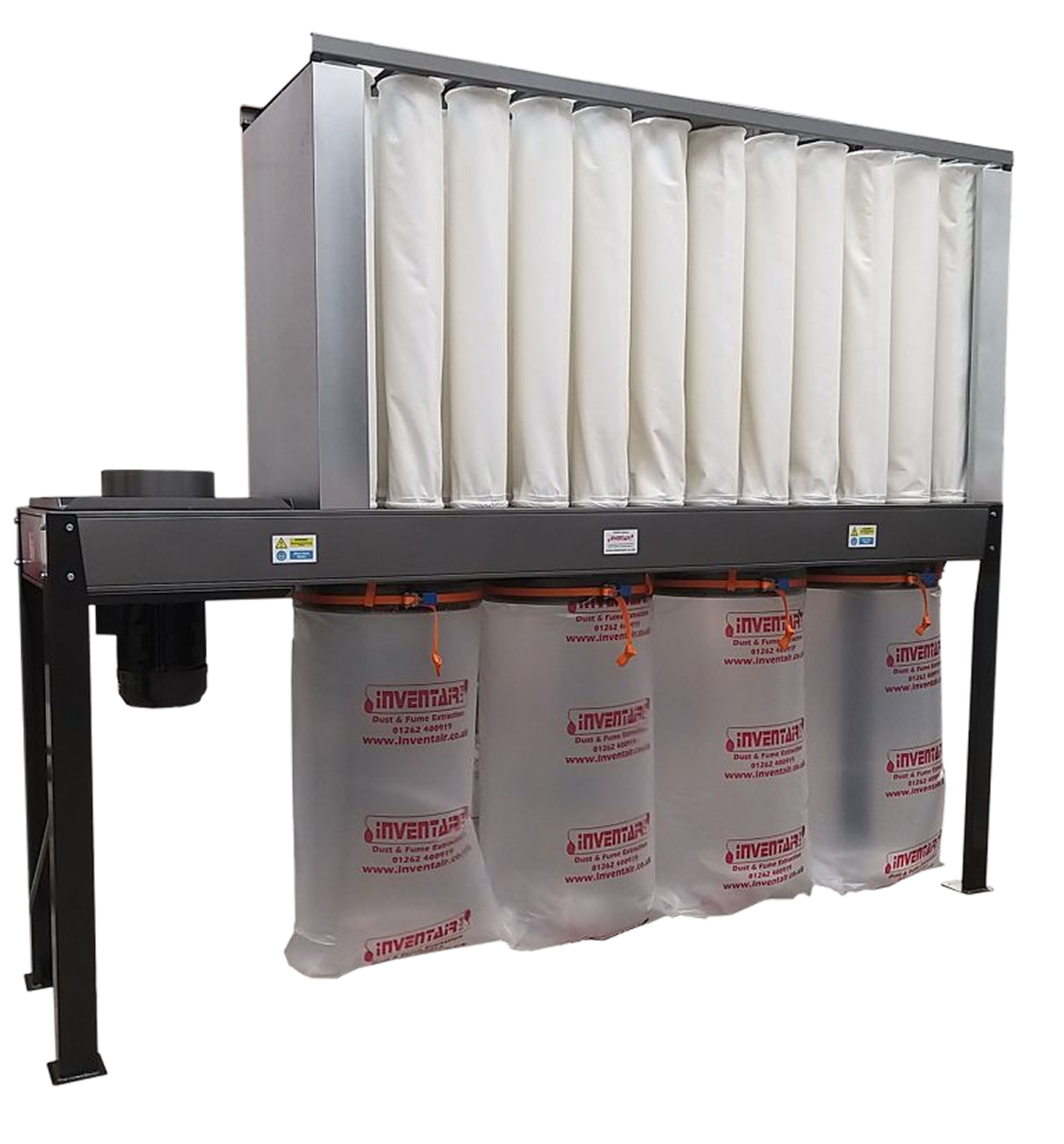 Industrial dust and fume extraction system with filters and collection bags.