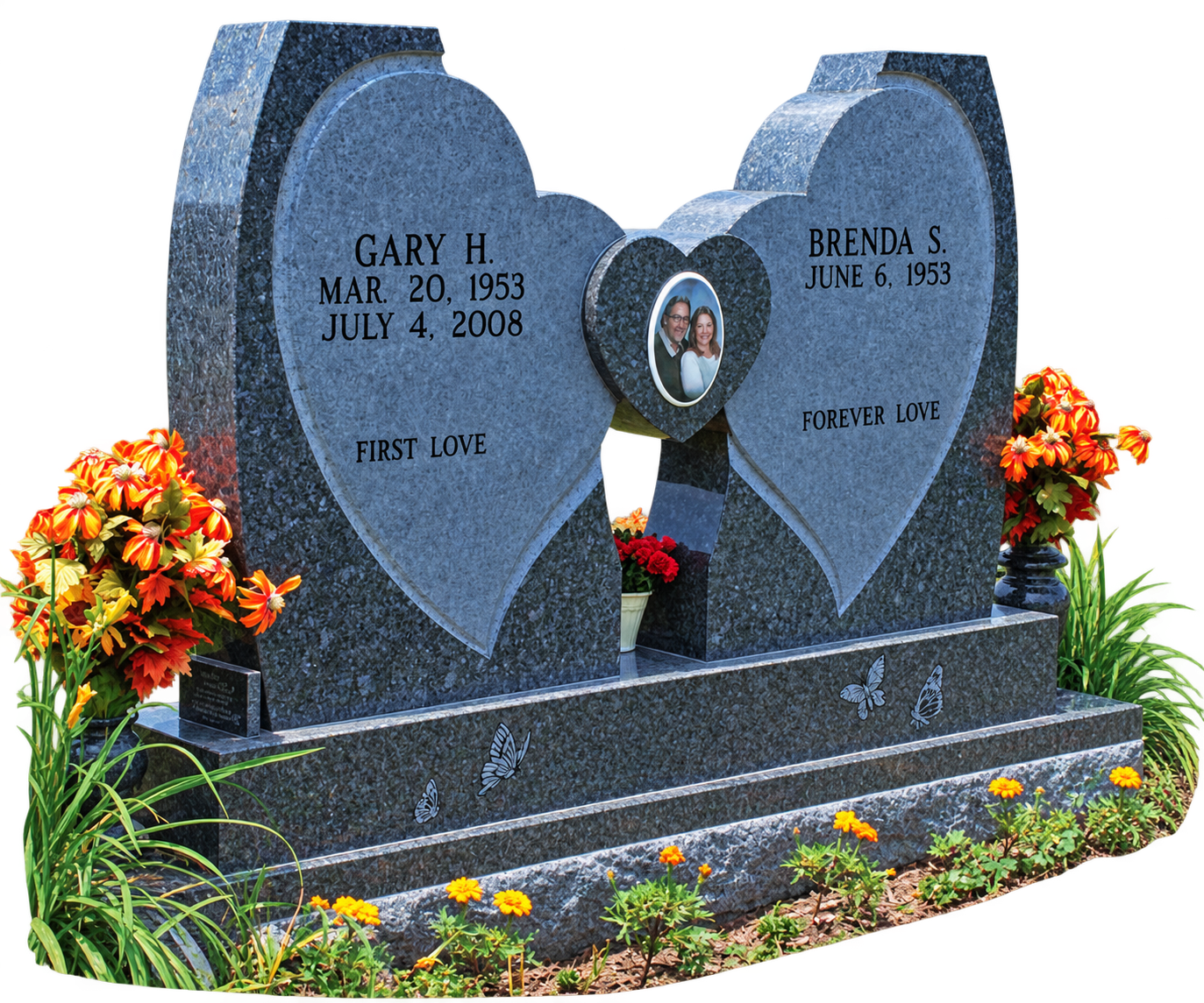 Twin Heart Granite Memorial with Flowers.png