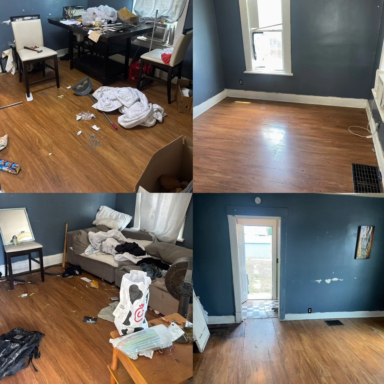 Before and after images of a room, showing clutter and mess in the before photos and a cleaned, tidy room in the after photos.