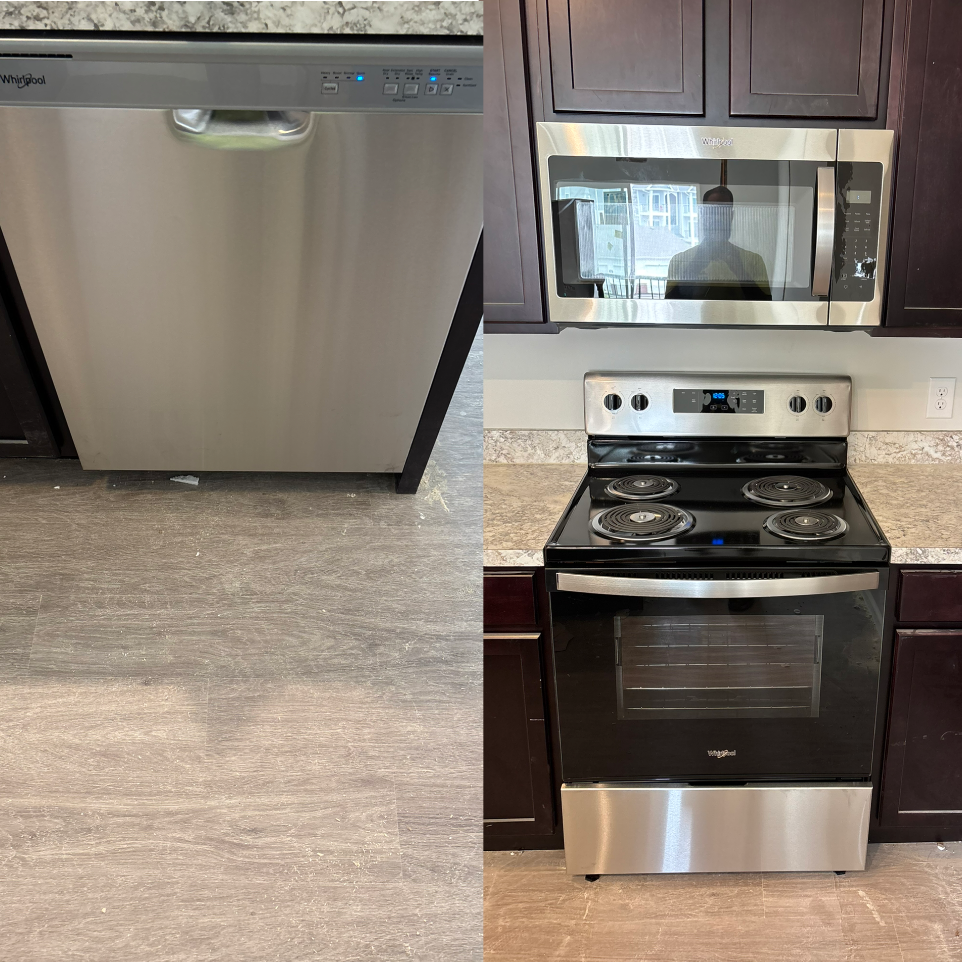 comparison of two kitchen appliances, a dishwasher on the left and a microwave oven on the right, with dark wood cabinets and a stove below the microwave.