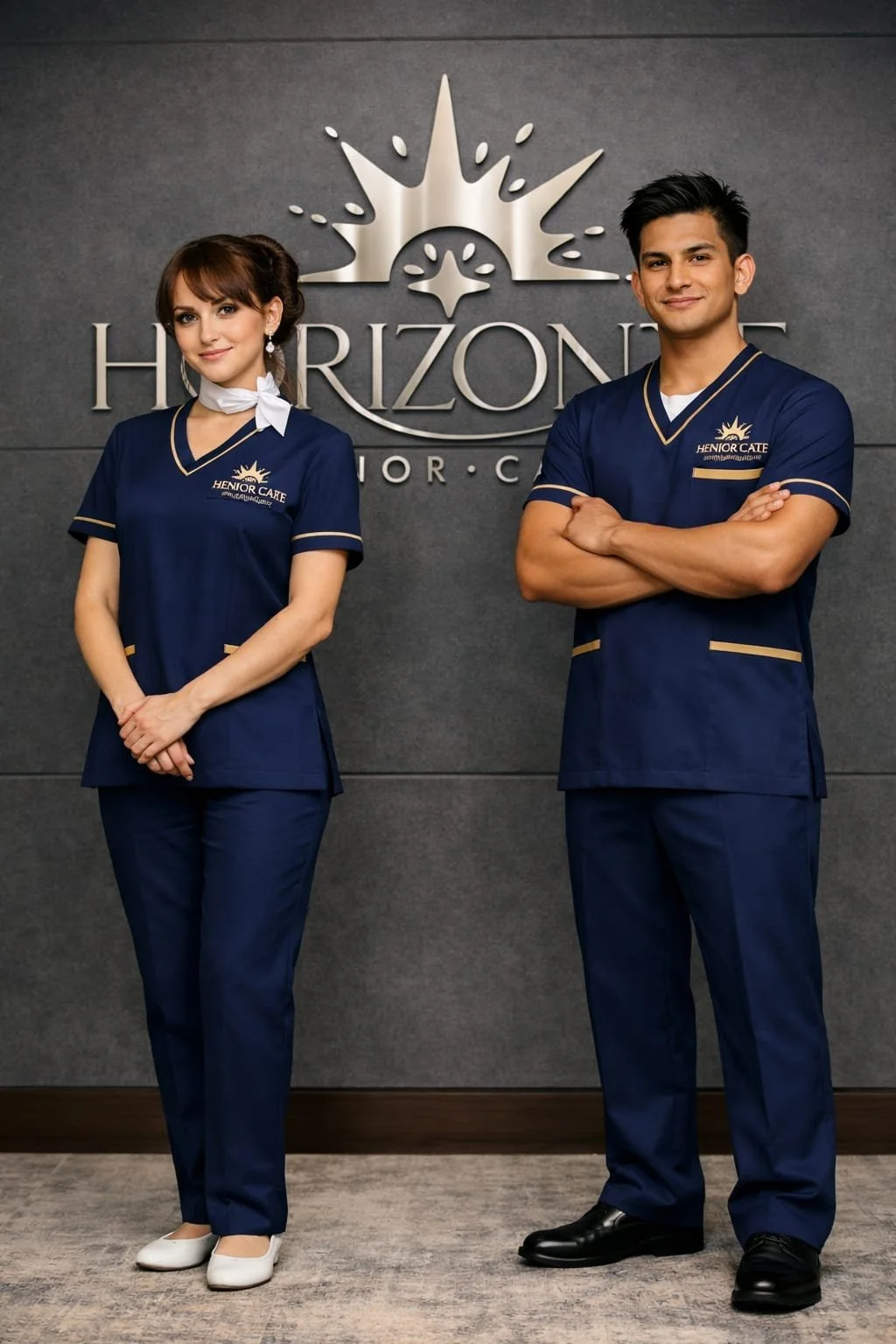 Dos profesionales en uniformes azules, una mujer y un hombre, posando en frente de una pared con el logo de un centro de cuidado llamado 'HORIZON'.