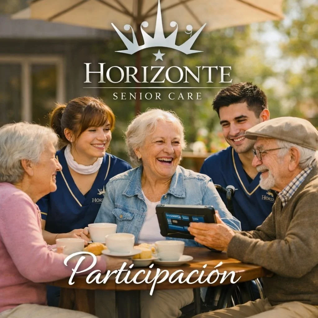 Grupo de personas mayores y jóvenes sonriendo y compartiendo en una mesa al aire libre con tazas y comida, promocionando la participación en un centro de cuidado de adultos mayores.