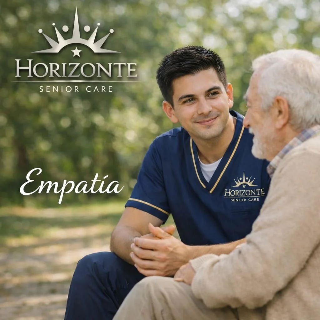 Joven cuidador sonriendo conversando con anciano en parque, logo de Horizonte Senior Care y la palabra 'Empatía'