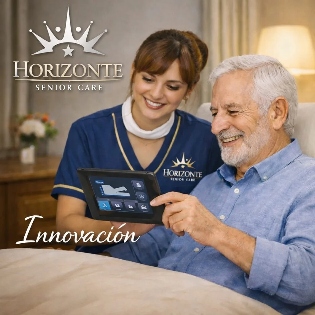 Un cuidador de Horizonte Senior Care muestra a un anciano un dispositivo médico portátil, ambos sonrientes en un entorno cálido y acogedor.
