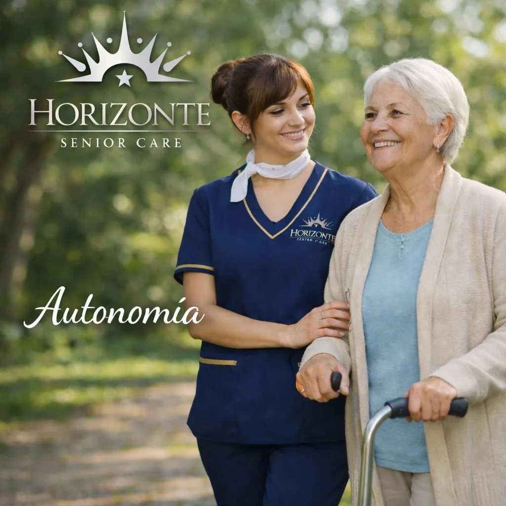 Mujer mayor con bastón siendo acompañada por cuidadora en un parque, logotipo de Horizonte Senior Care y la palabra 'Autonomía'.
