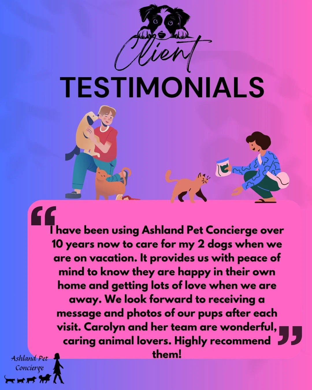 🐾 Client Testimonial 🐾

There is no greater compliment than earning the trust of our clients year after year. 💚

For over 10 years, we've had the privilege of caring for these two wonderful pups, providing love, companionship, and peace of mind wh
