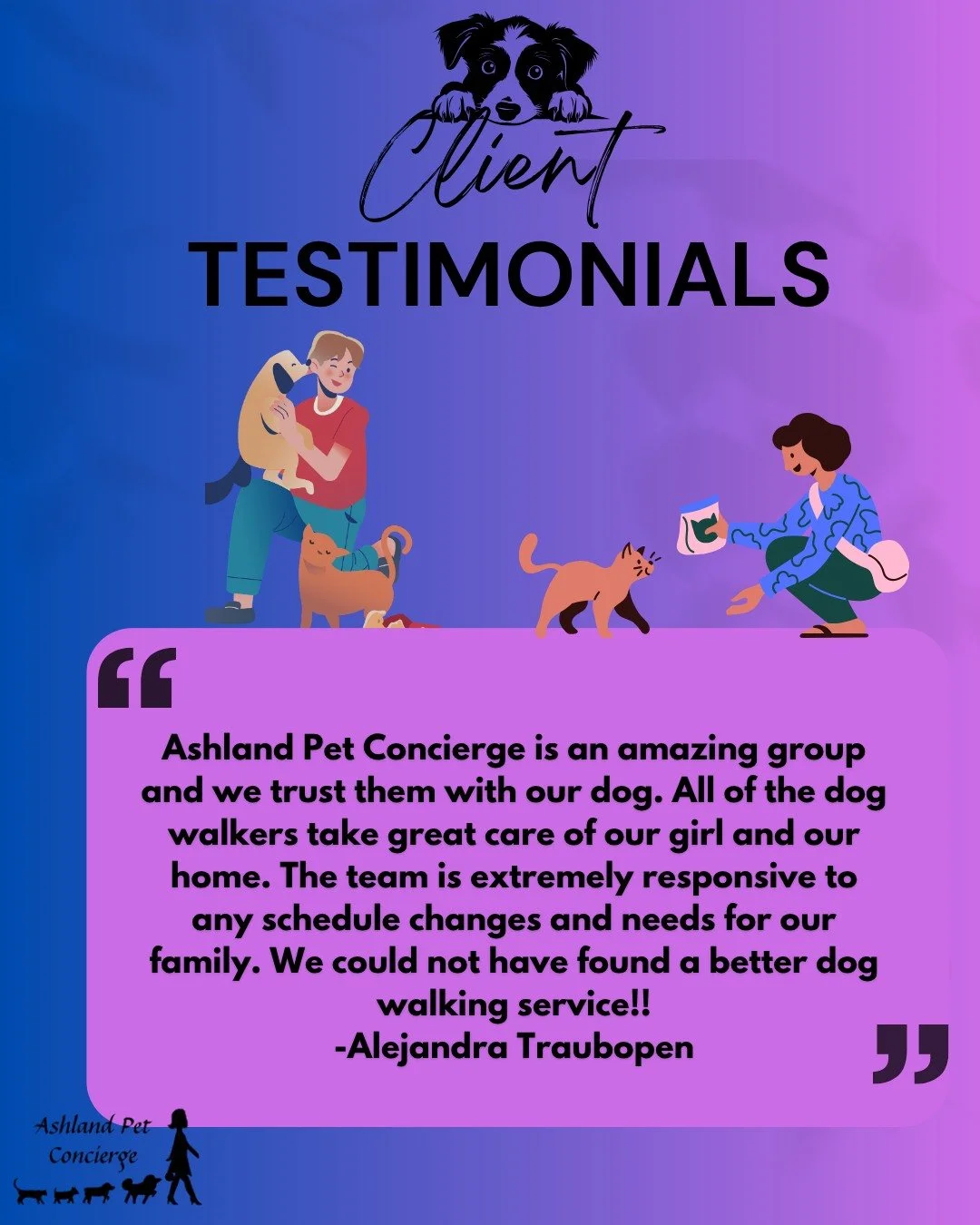 🐾 Client Testimonial 🐾

We&rsquo;re so grateful for families who trust us with their pets and their homes! 💚 Knowing that Alejandra and her family feel confident leaving their sweet girl in our care means so much to our entire team.

We love being