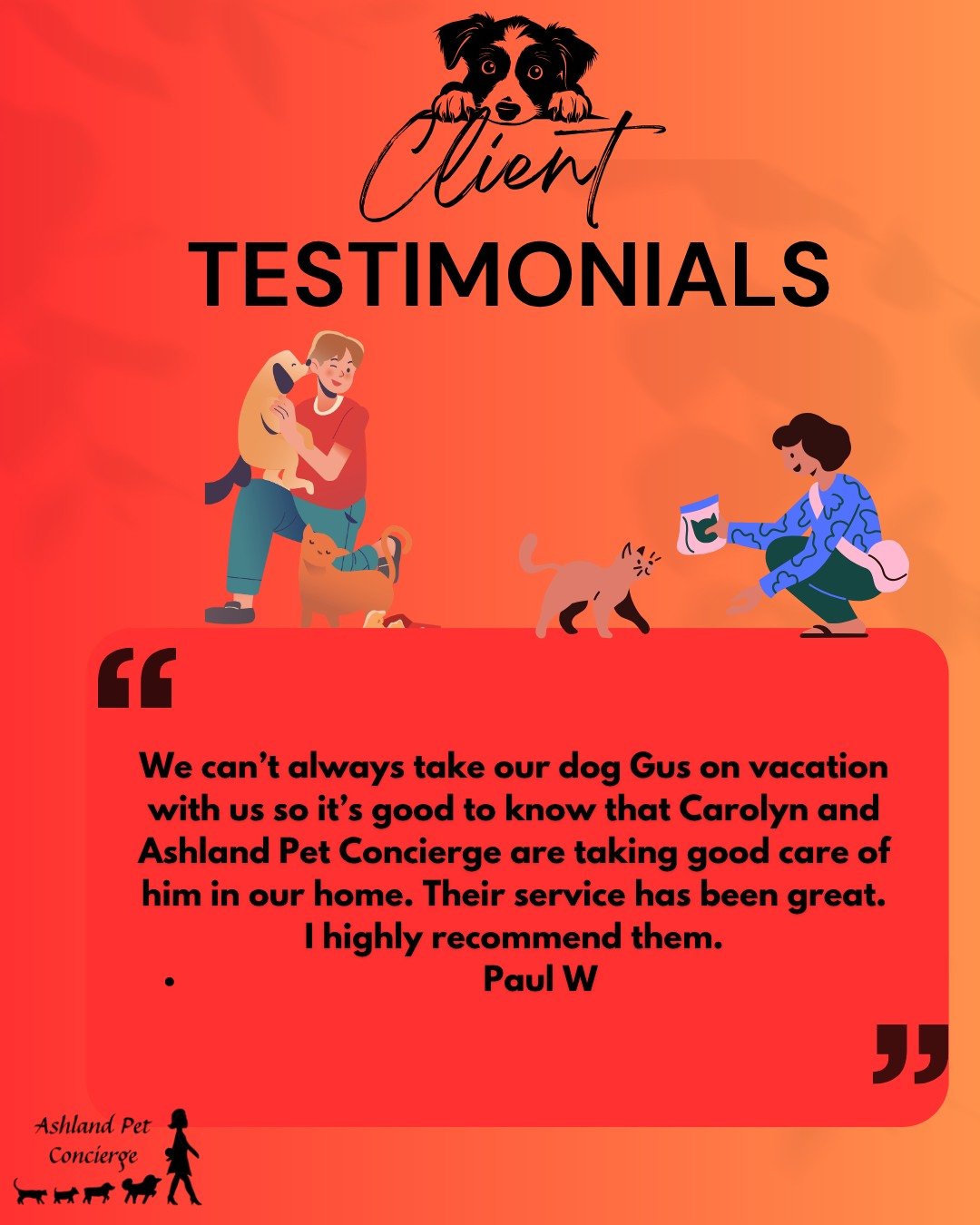 🐾 Client Testimonial 🐾

There&rsquo;s nothing better than knowing your pup is happy and well cared for while you&rsquo;re away! 💚 Thank you, Paul, for trusting Carolyn and the APC team to care for Gus in the comfort of his own home. We truly appre