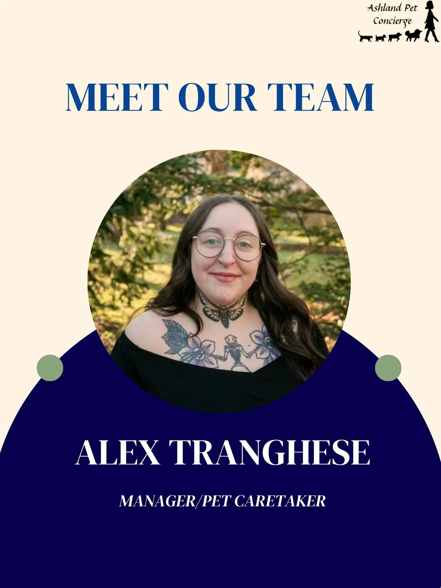 🐾 Meet the Team: Alex!

Meet Alex Tranghese, one of the dedicated members of the Ashland Pet Concierge team! 💚 As a Manager &amp; Pet Caretaker, Alex brings years of experience, organization, and a genuine love for animals to everything she does.

