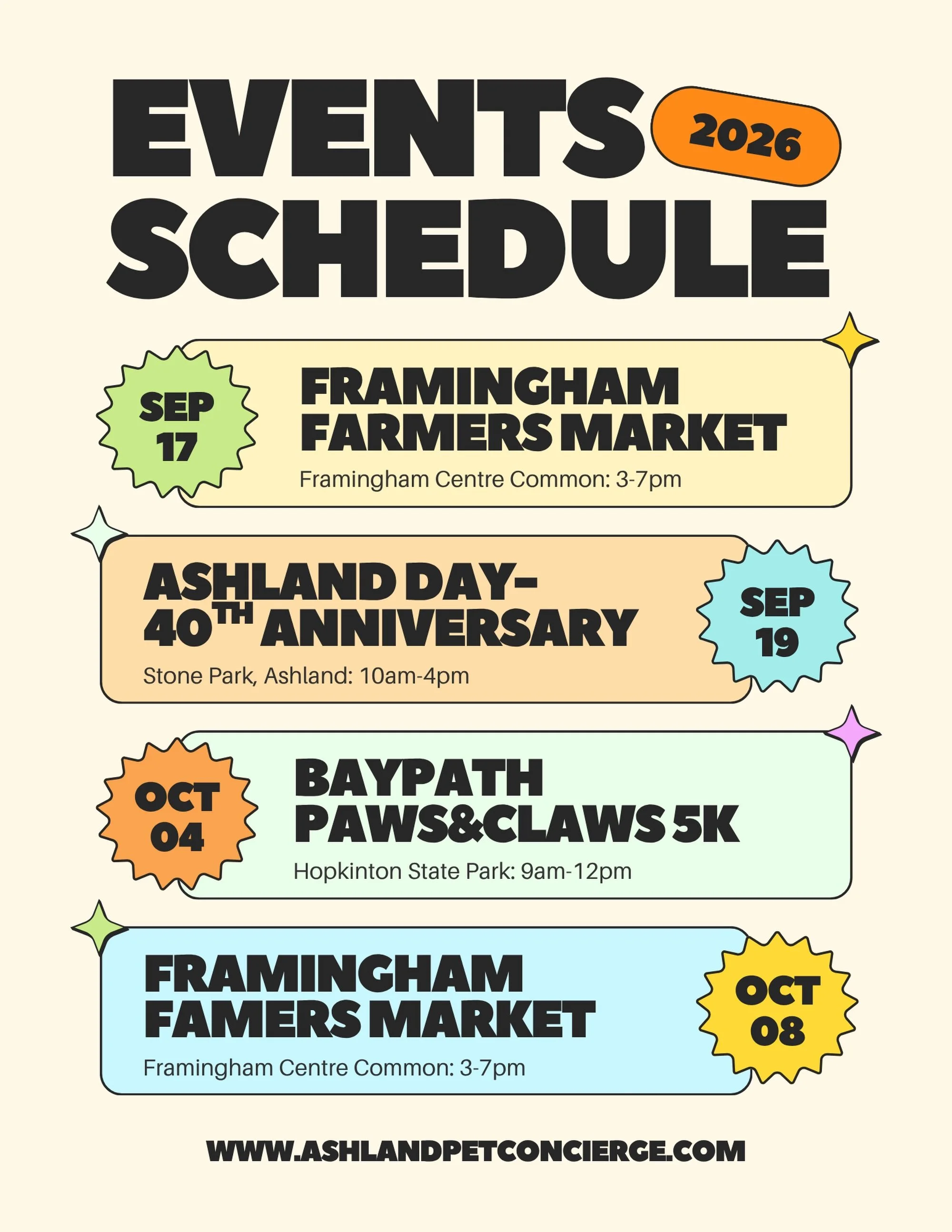 Our final lineup of events for the year is here- check the schedule below to see all remaining dates. 

Can&rsquo;t wait to see you there!

#ashlandpetconcierge #dogwalker #petsitter #happypawshappyhearts #happypets