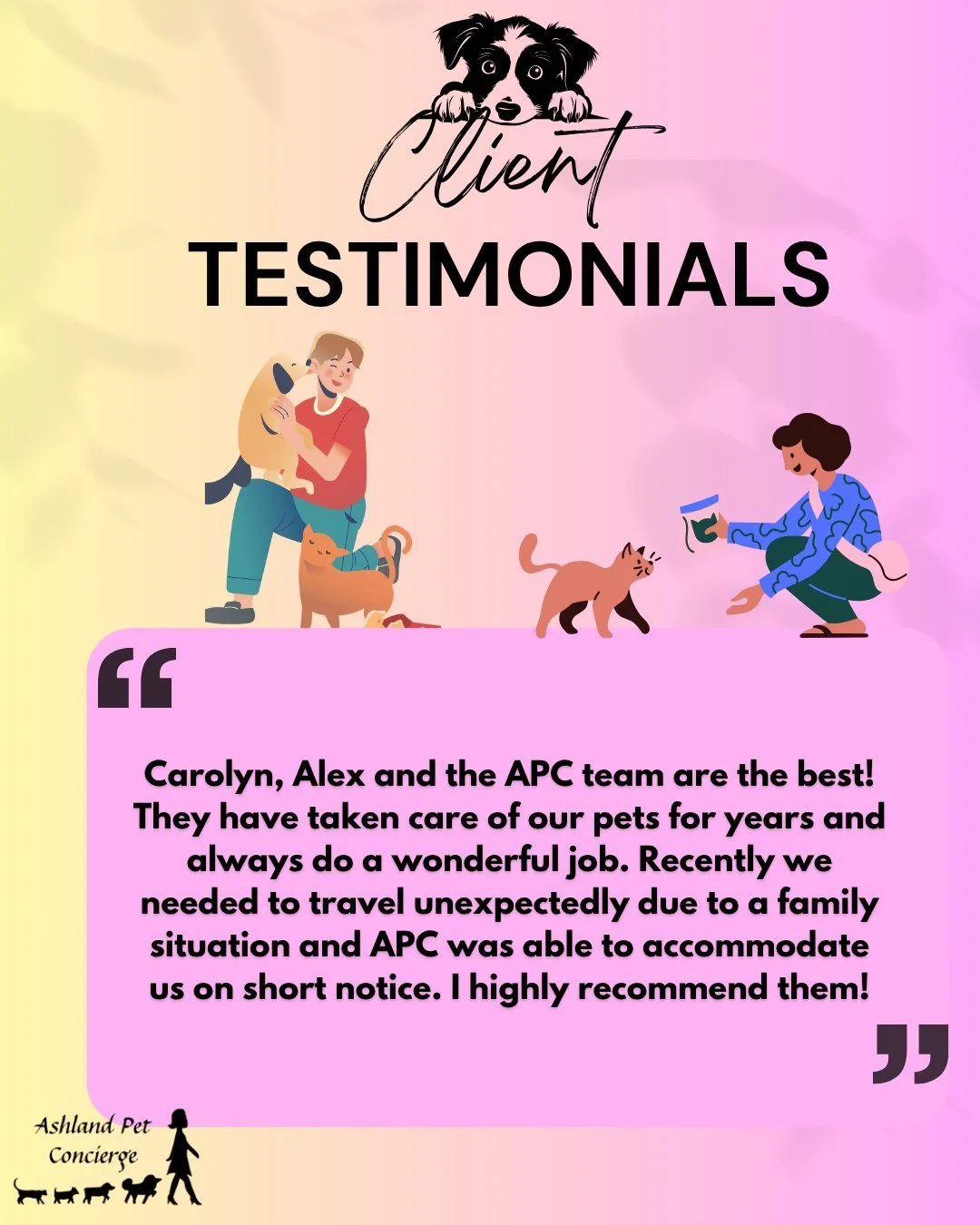 🐾 Client Love! 💕

We&rsquo;re so grateful for clients who trust the APC team with their pets, even when unexpected travel comes up! Thank you for the kind words and for letting us care for your furry family members. 🐶🐱

Your pets&rsquo; happiness