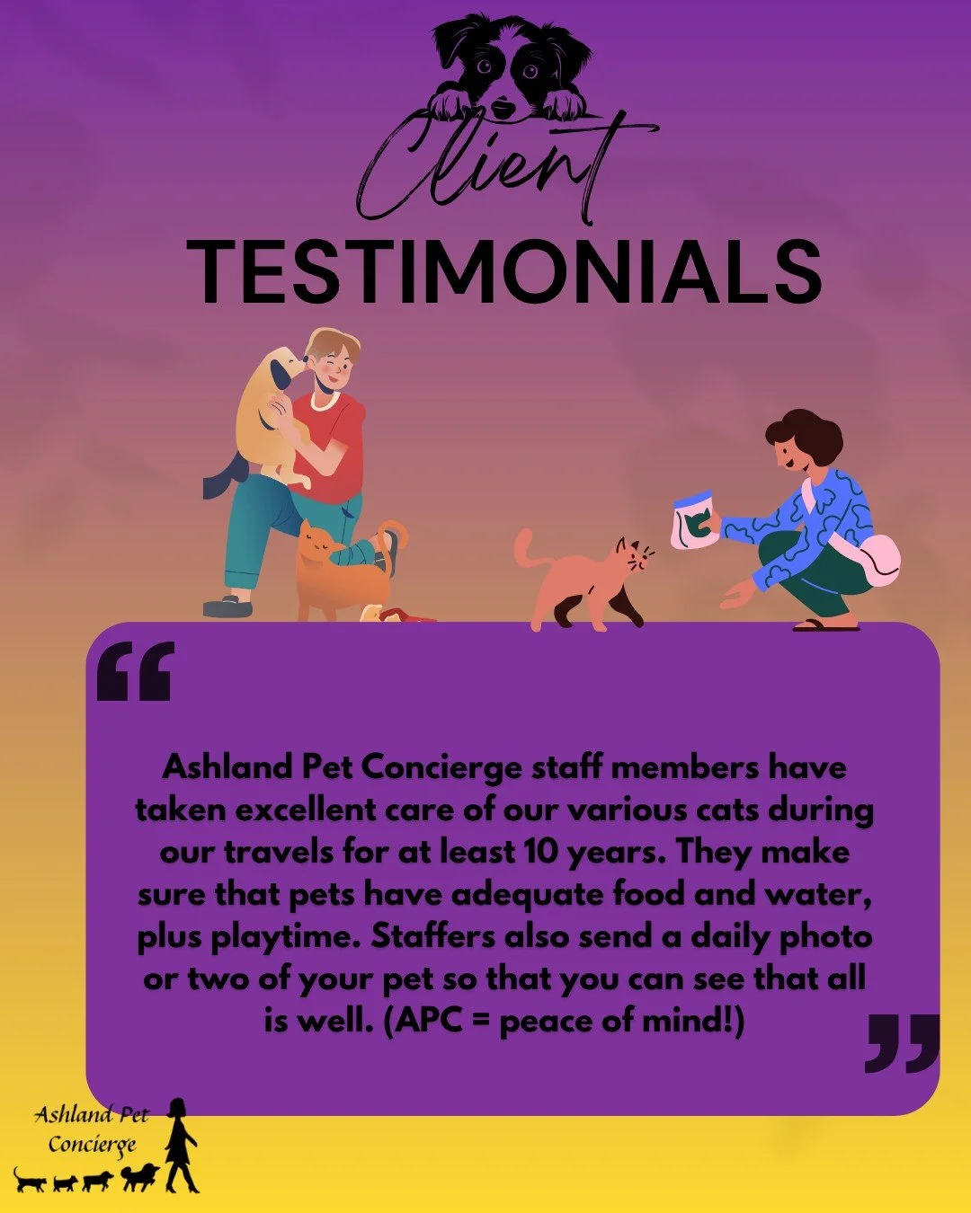 🐾 There&rsquo;s nothing better than giving pet parents peace of mind! ❤️

For over 20 years, Ashland Pet Concierge has been trusted to care for pets while their families are away. We&rsquo;re so grateful for clients who continue to trust our team ye