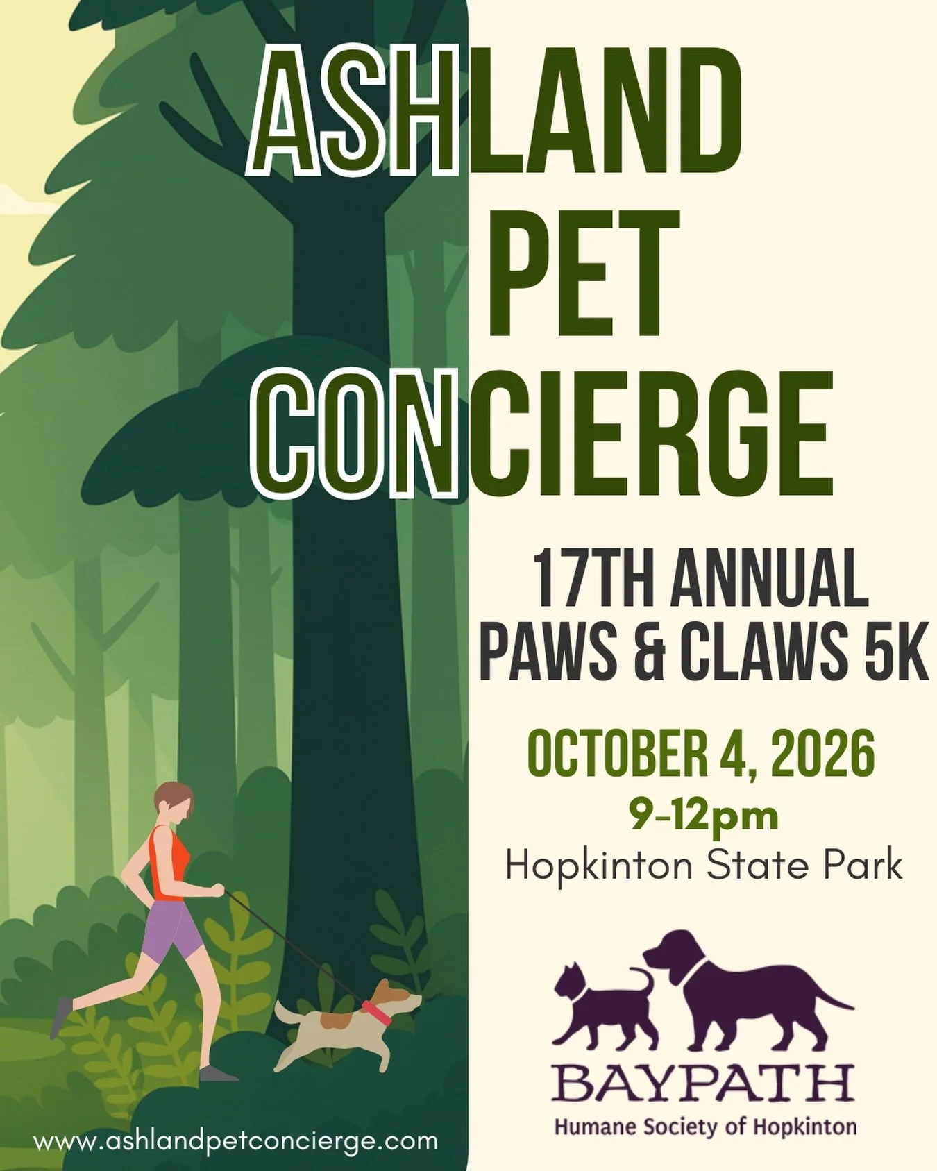 Come join Ashland Pet Concierge in supporting @baypathhumane at their 17th Annual Paws &amp; Claws 5K!

Join hundreds of animal lovers and their dogs to enjoy a fun scenic run/walk, fundraising, contests and local vendors.

#ashlandpetconcierge #anim