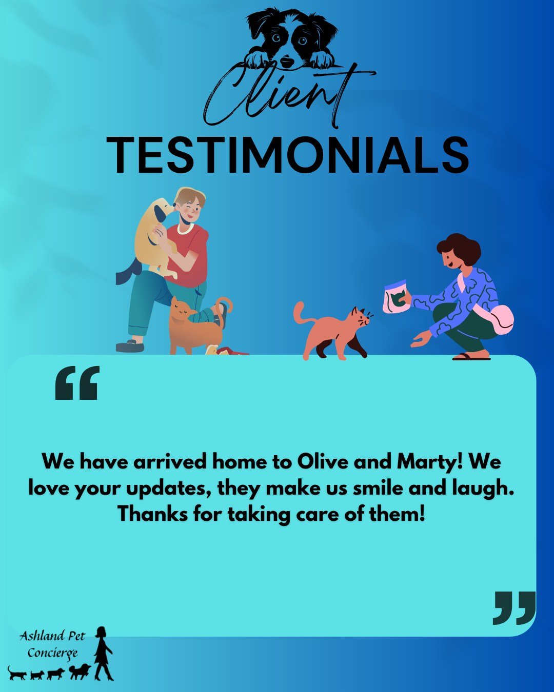 Nothing makes us happier than hearing that our updates bring a smile to our clients&rsquo; faces! 💙🐾 We&rsquo;re so glad Olive and Marty were well cared for while their family was away. Thank you for trusting Ashland Pet Concierge! 🐶🐱

#AshlandPe