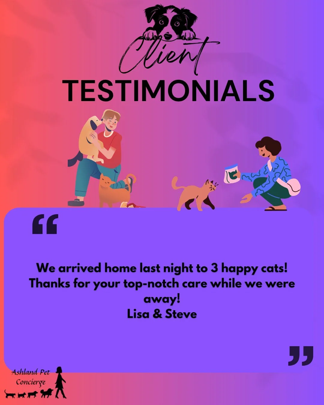 Three happy cats and two happy pet parents! 🐾💜 Thank you, Lisa and Steve, for trusting Ashland Pet Concierge to care for your kitties while you were away. We love knowing everyone is happy and settled when you return home!

#AshlandPetConcierge #Cl