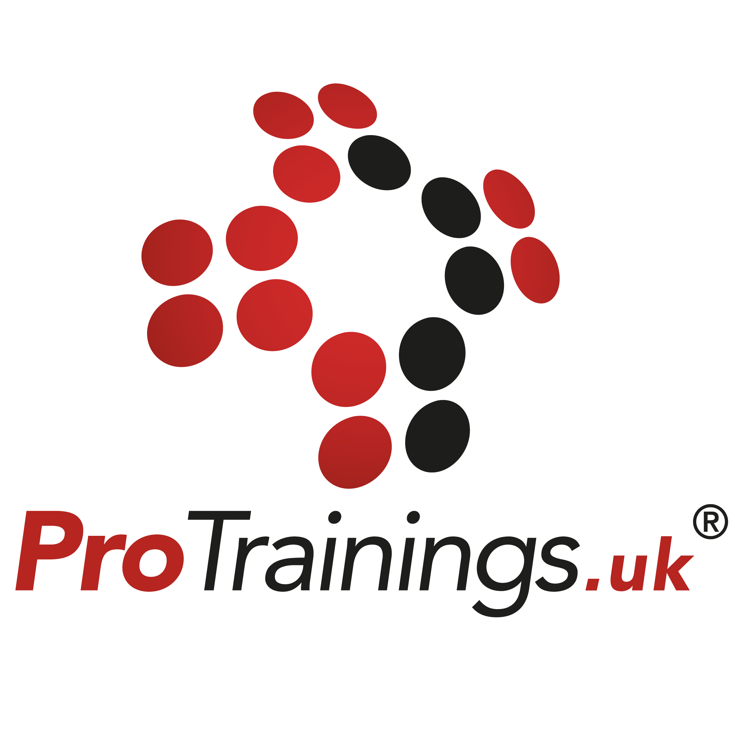 Text overlay reading 'ProTraings.uk' with a logo above consisting of five red and black circles forming a connected pattern.