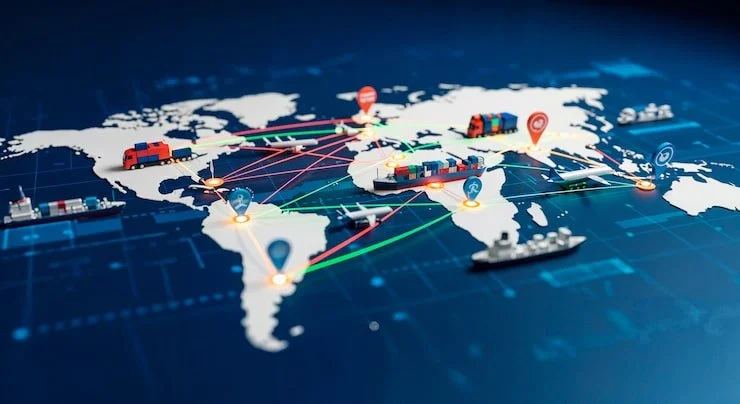 World map with various cargo ships, trucks, airplanes, and cargo containers connected by colorful lines, representing global logistics and shipping routes.