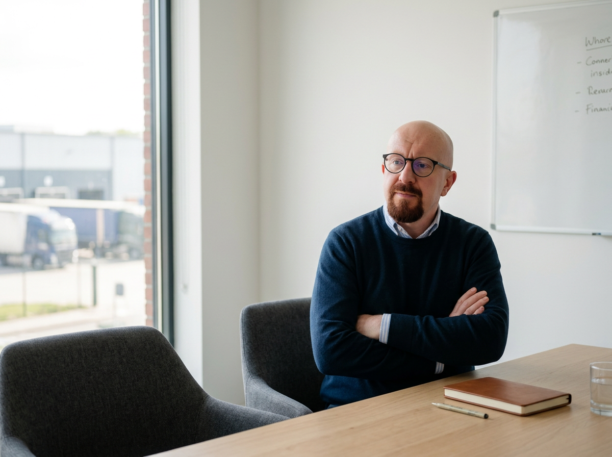 A man with glasses, a beard, and a bald head sitting at a conference table with crossed arms, in an office with a whiteboard and industrial window.