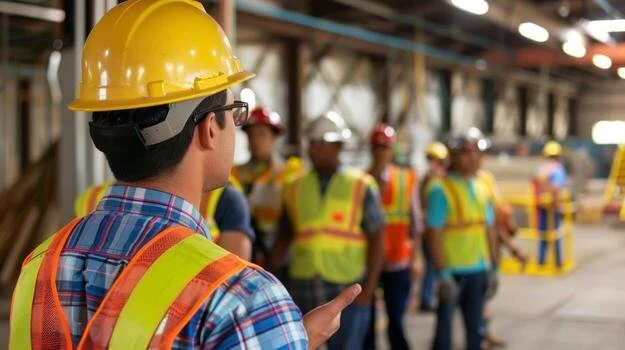 A group of warehouse workers wearing yellow hard hats and reflective vests inside a Distribution Center